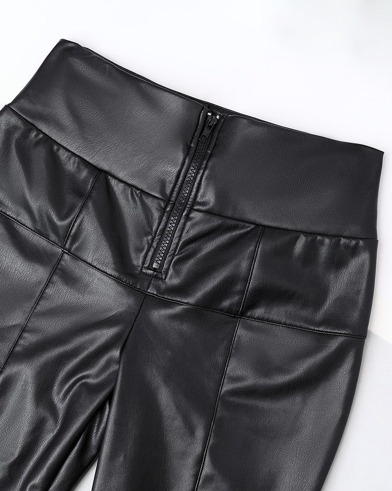 High Waist Zipper Closure Front Anti-Pinch Double-layer Tummy Control PU Leather Pants（Pre-Sale）