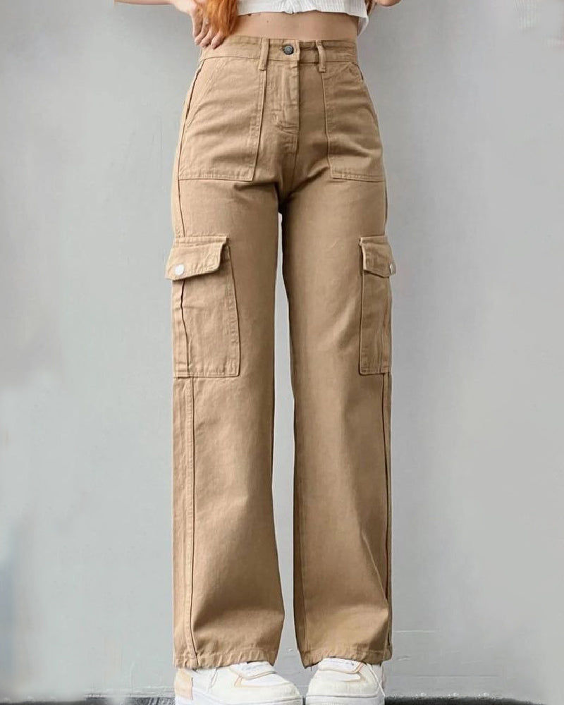 Pantalones vaqueros cargo rectos de talle medio para mujer, pantalones casuales con múltiples bolsillos