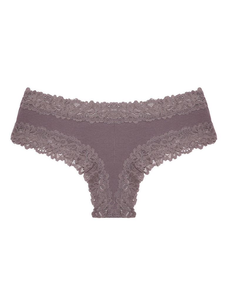 Sexy Mid-Rise Ribbed Cotton Panties Lace Stitching Comfy Lingerie