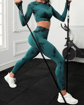 Seamless Tie-Dye Long Sleeve High Waist Tummy Control Bodycon Yoga Suit