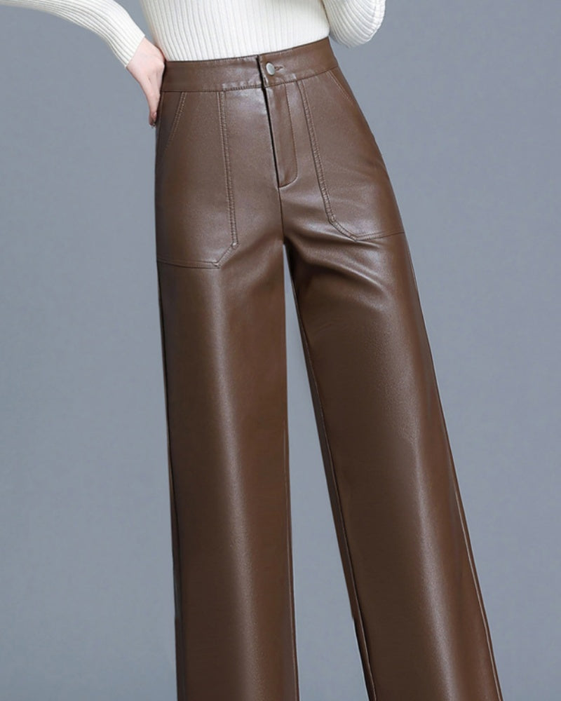 Versatile PU Leather Wide-leg Leather Pants for Women High Waist Slim Straight Pants