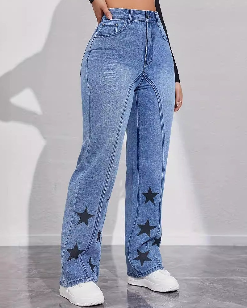 Star Print High Rise Panel Straight Jeans