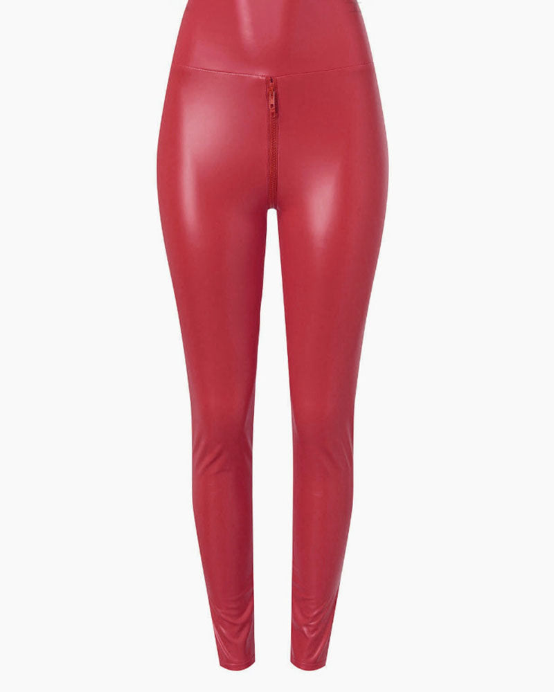 Sexy PU Leather Crotch Zipper Leather Pants for Curvy Women