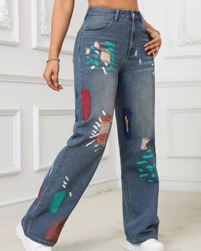 Hip Hop Painted Graffiti Ripped High Waist Straight Simple Versatile Jeans