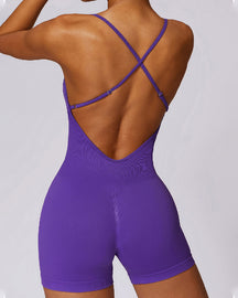 Seamless V-Back Cross Romper Tummy Control One Piece Shorts Sports Jumpsuit