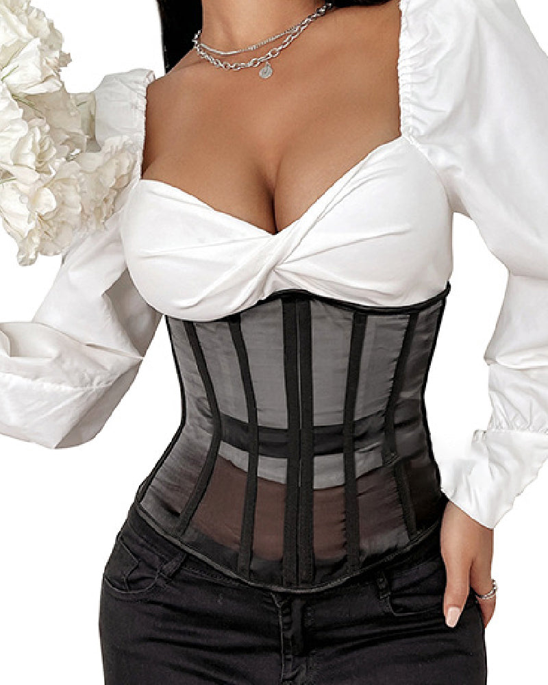 Women's Sexy Sheer Mesh Underbust Corset Vintage Lace Up Cupless Bustier Top