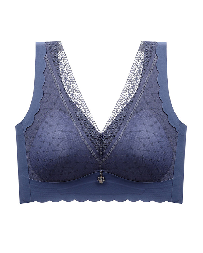 Women's Wireless Lace  V-Neck Latex Seamless Push Up Bra