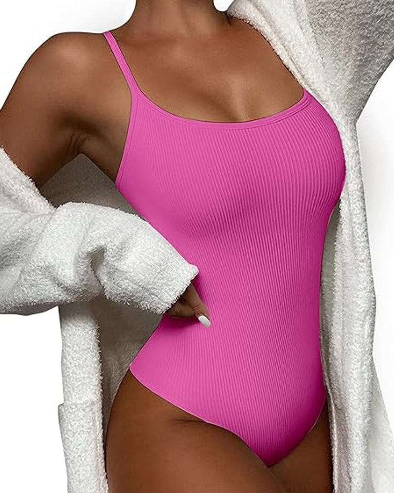 Women's Sexy Ribbed Sleeveless Solid Spaghetti Strap Bodysuit Shapewear