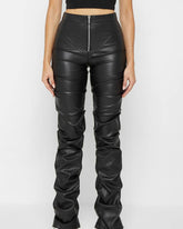 PU Leather Personalized Pleated Flared Pants