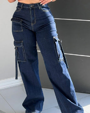 Women’s Cargo Jeans High Waisted Wide Leg Casual Flap Pockets Pants