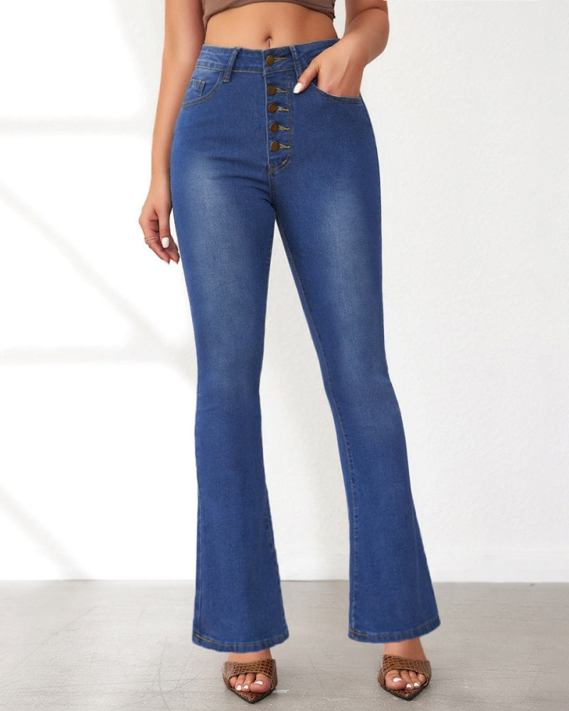 High Waist Slim Flared Jeans for Women with Multi Button