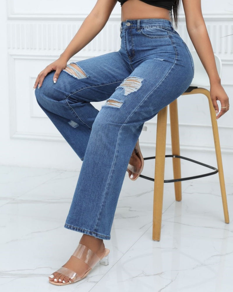 Elegant High Waist Ripped Wide-leg Jeans