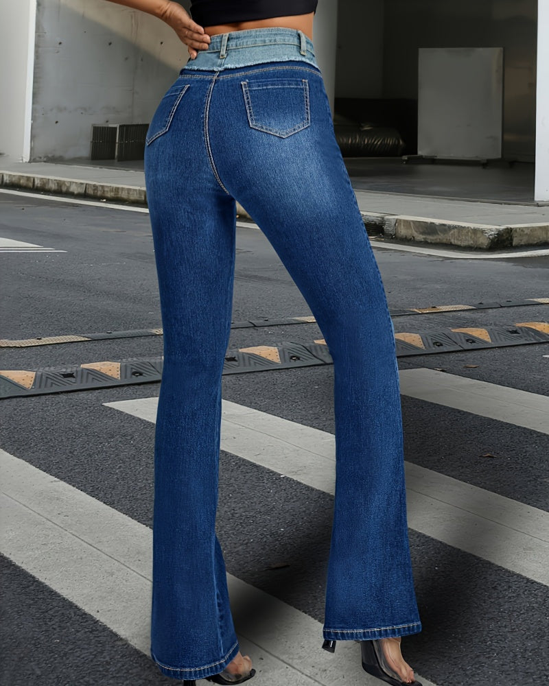 High Waisted Slim fit Flared Jeans with Contrasting Colors