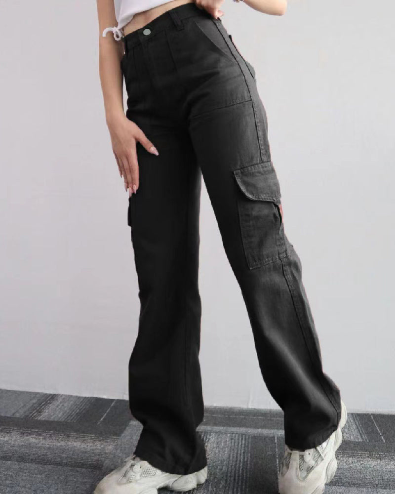 Pantalones vaqueros cargo rectos de talle medio para mujer, pantalones casuales con múltiples bolsillos