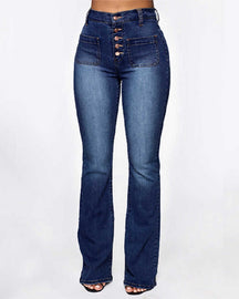 High-Waist Washed Stretch Single-Breasted Multi-Button Skinny Jeans