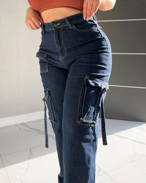 Women’s Cargo Jeans High Waisted Wide Leg Casual Flap Pockets Pants