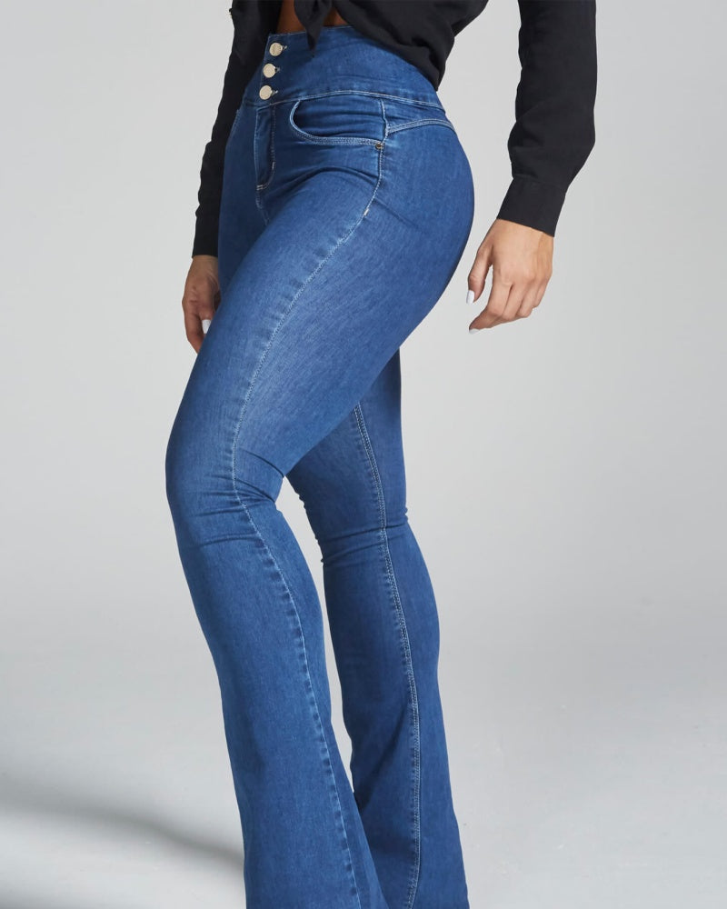 High-waisted Multi-button Slim-fit Stretch-sculpting Flared Jeans