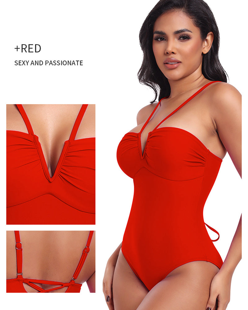 Sexy Strappy Triangle V-shaped Halter Neck One-piece Body Shaping Swimsuit