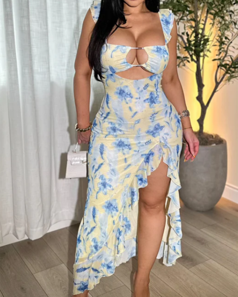 Women's Sexy Slim Fit Tie Dye Bevel Long Dress with Ruffles (Pre-Sale)