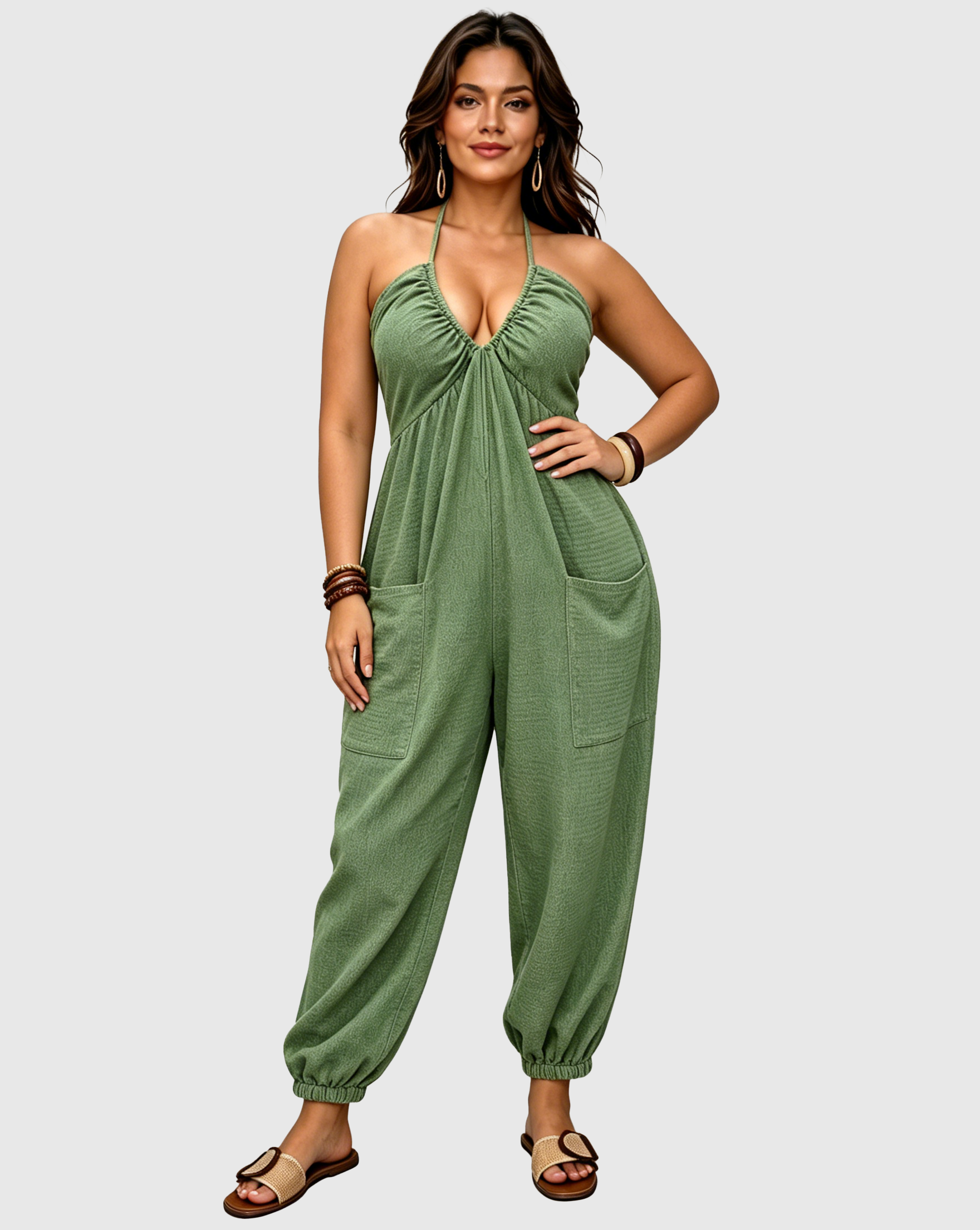 Halter Backless Ruched Pocket Jogger Jumpsuit