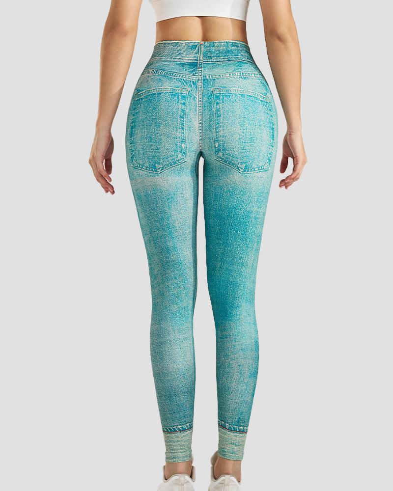 Peach Hip Denim Print Seamless Leggings for Women