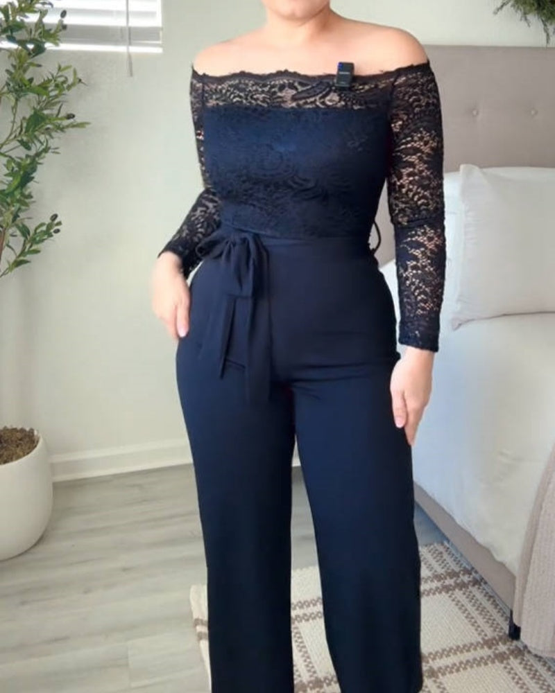 Sexy Lace Panel Off Shoulder Straight Leg Jumpsuit With Waistband