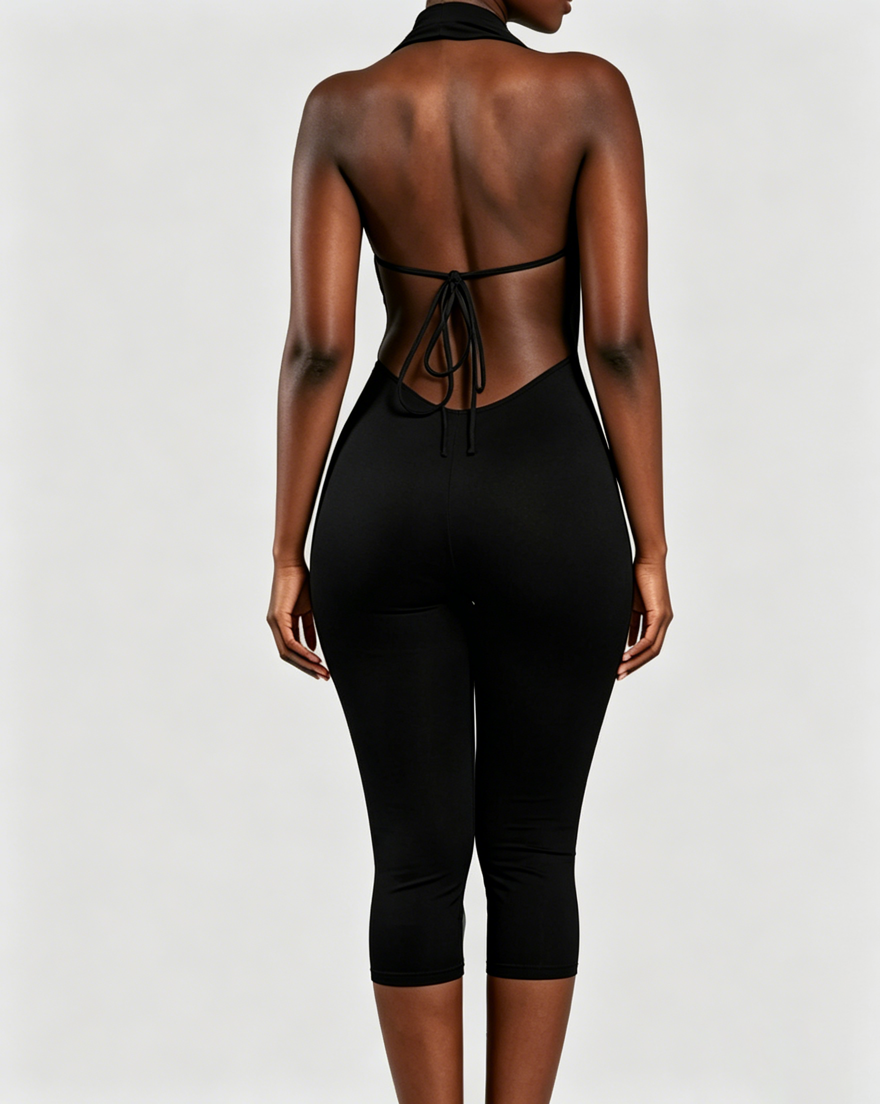 V Neck Halter Open Back Tie Capri Jumpsuit