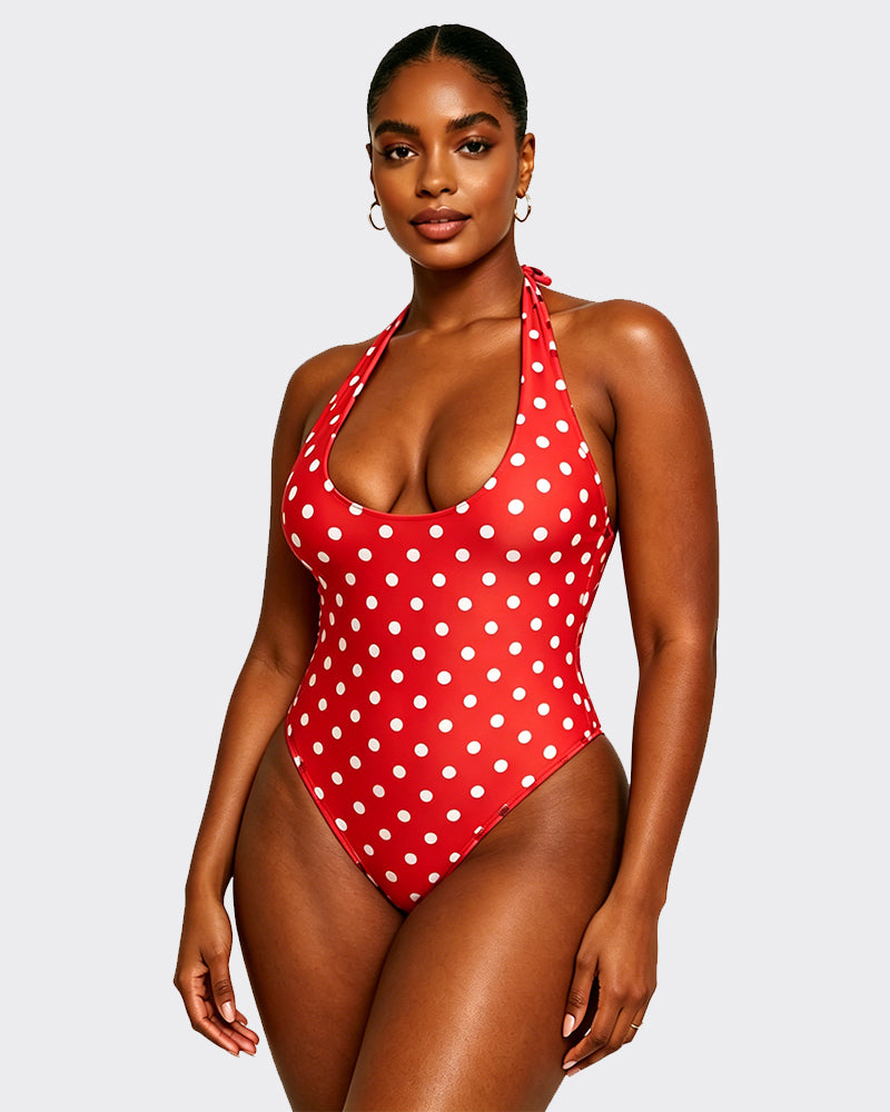 Polka Dot Halter Corset One-Piece Swimsuit