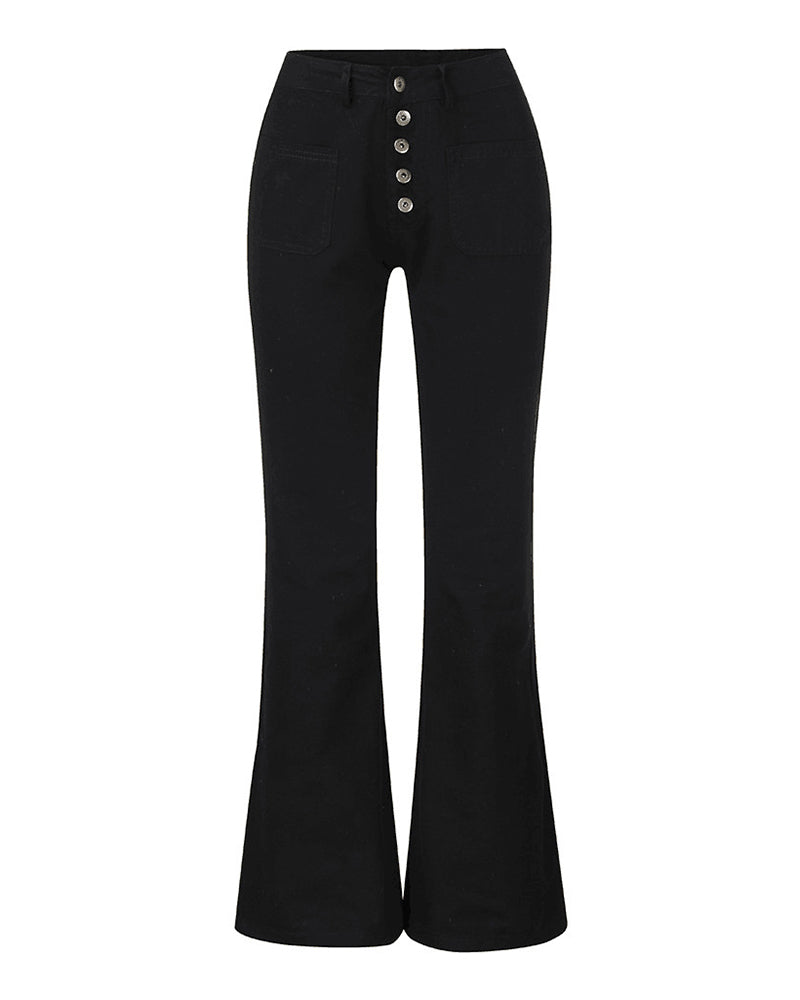 High Waist Washed Stretch Single Breasted Multi Button Straight Leg Jeans