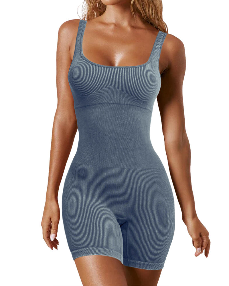 Seamless Ribbed Tummy Control Romper Sleeveless Tank Bodycon Yoga Jumpsuit