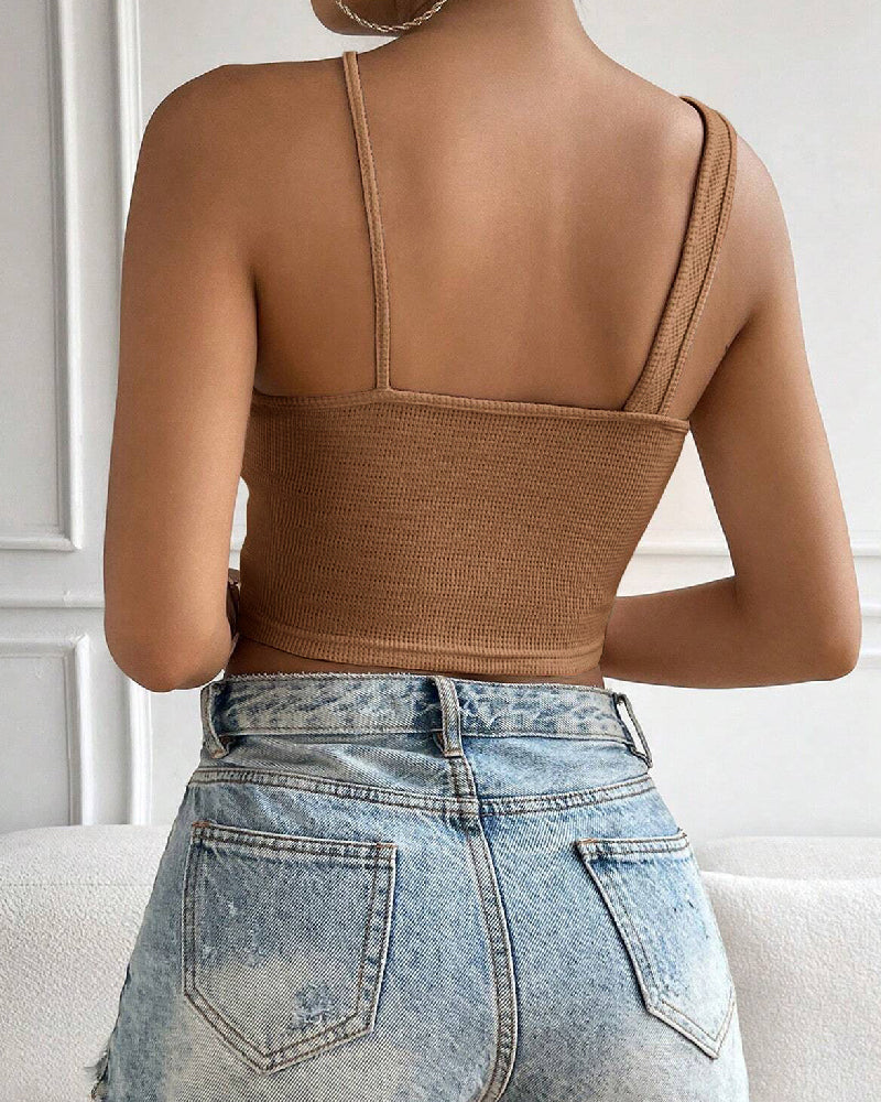 Women's Chic Criss Cross Halter Cut Out Slim Crop Waffle Knit Tank Top