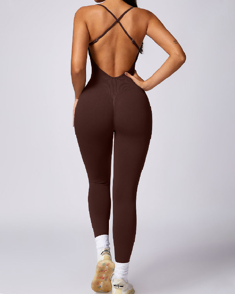 Women's Seamless Workout Backless Criss-Cross Opaque Sleeveless Jumpsuits