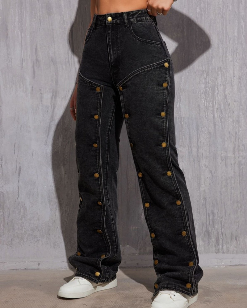 Hip Hop Detachable Multi-button Stitching Straight Cargo Jeans