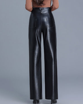 New High Waist Slim Fit Versatile Wide Leg Leather Pants for Women