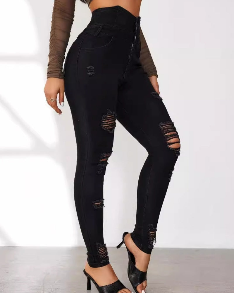 Fashion High Waist Multi-Breasted Ripped Jeans