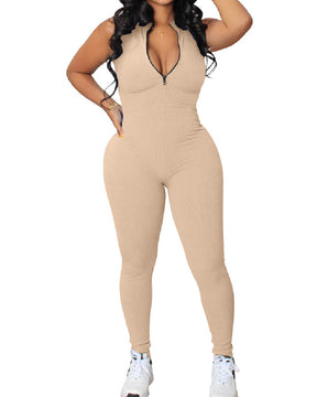 Ribbed Sleeveless High Stretch Bodycon One Piece Zipper Front Workout Jumpsuit