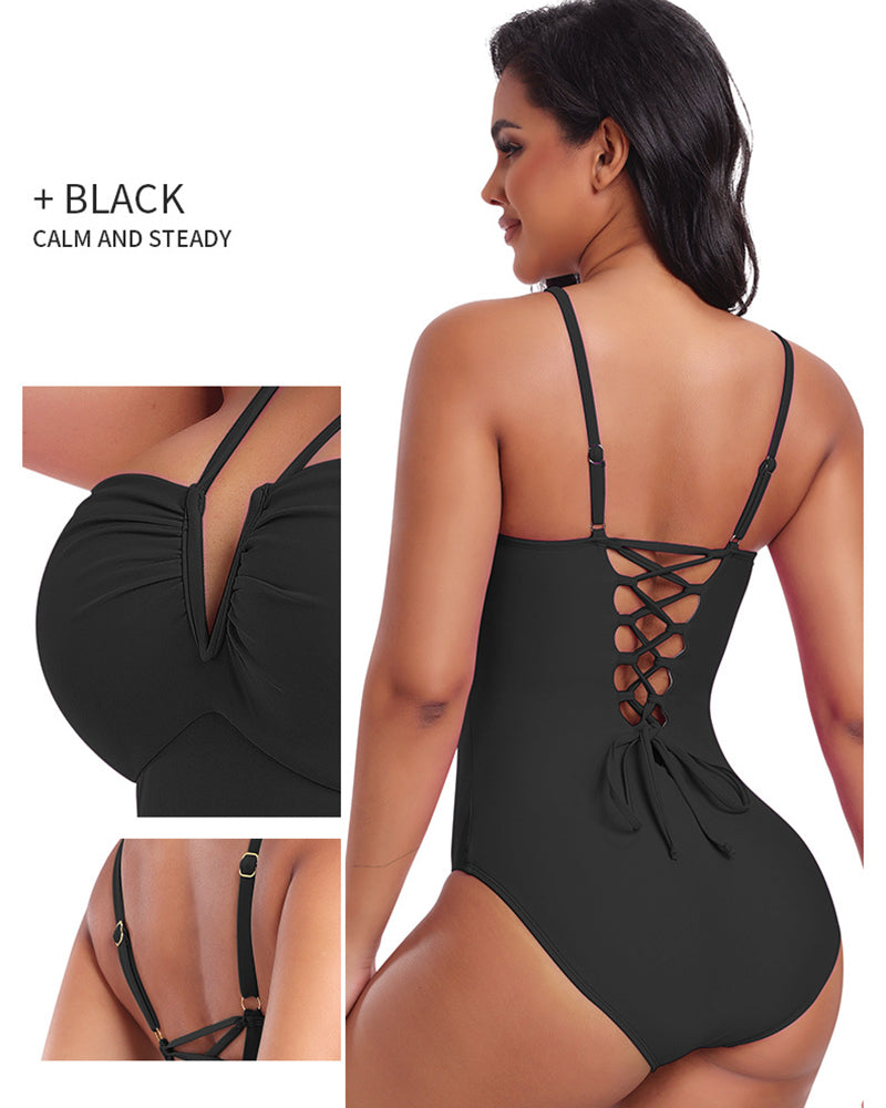 Sexy Strappy Triangle V-shaped Halter Neck One-piece Body Shaping Swimsuit