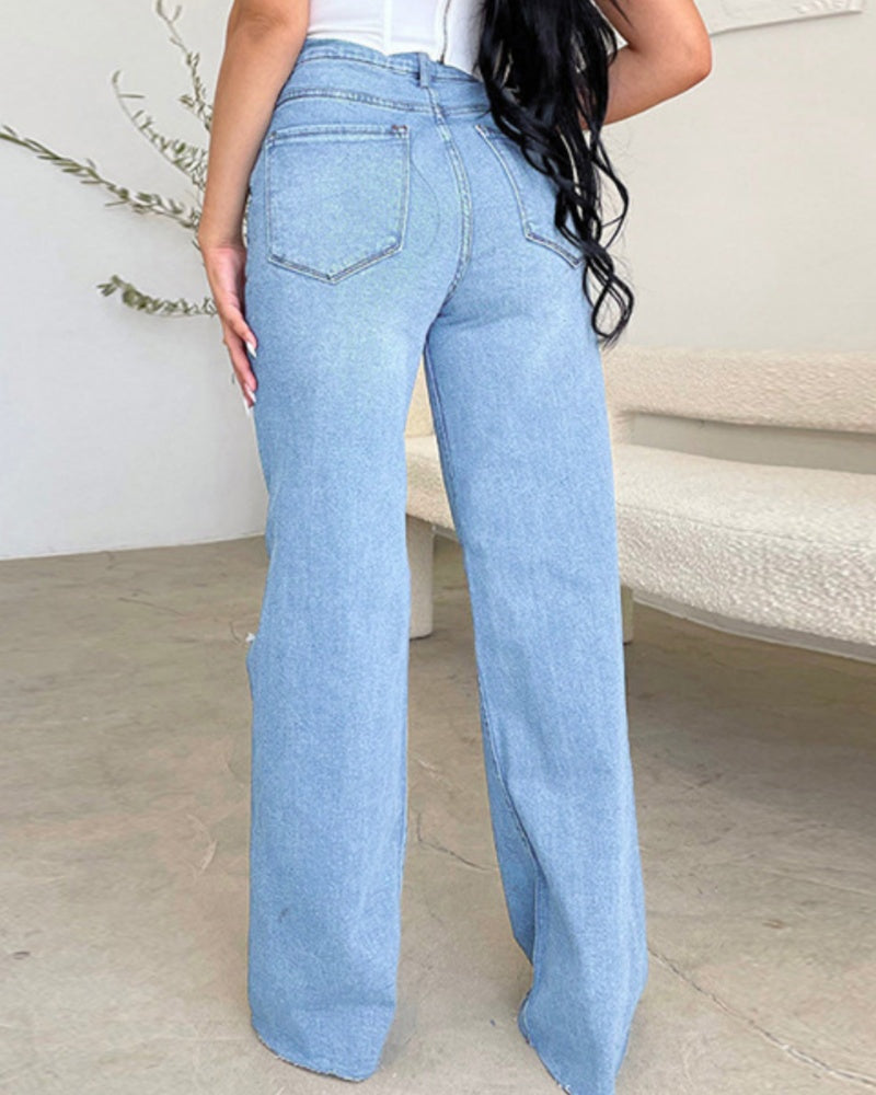 High-waisted Ripped Raw-edge Washed Wide-leg Jeans