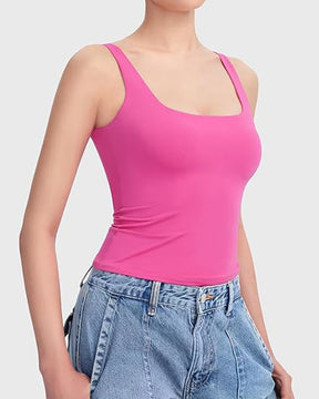 Camiseta sin mangas con cuello cuadrado para mujer, camisetas básicas sin mangas con doble forro