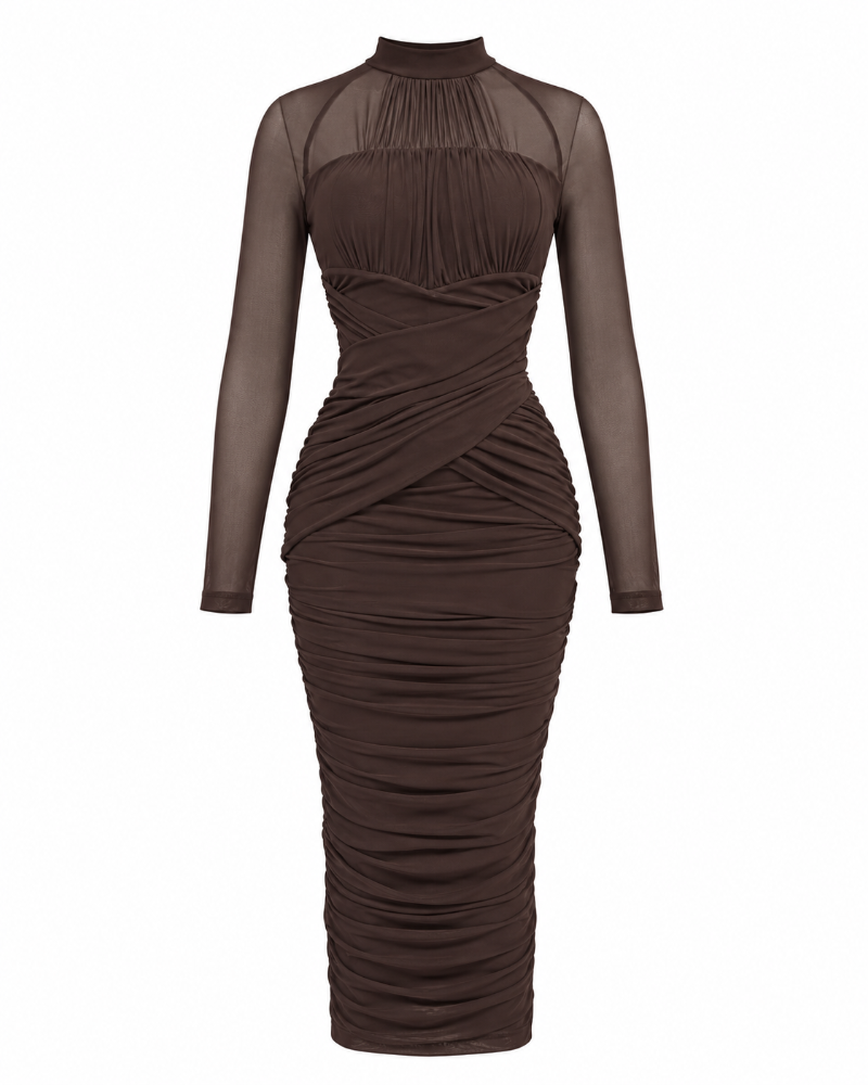 Mesh Long Sleeve Ruched Cross Waist Bodycon Midi Dress