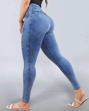 Women's High Rise Skinny Peach Hip Side Zipper Jeans