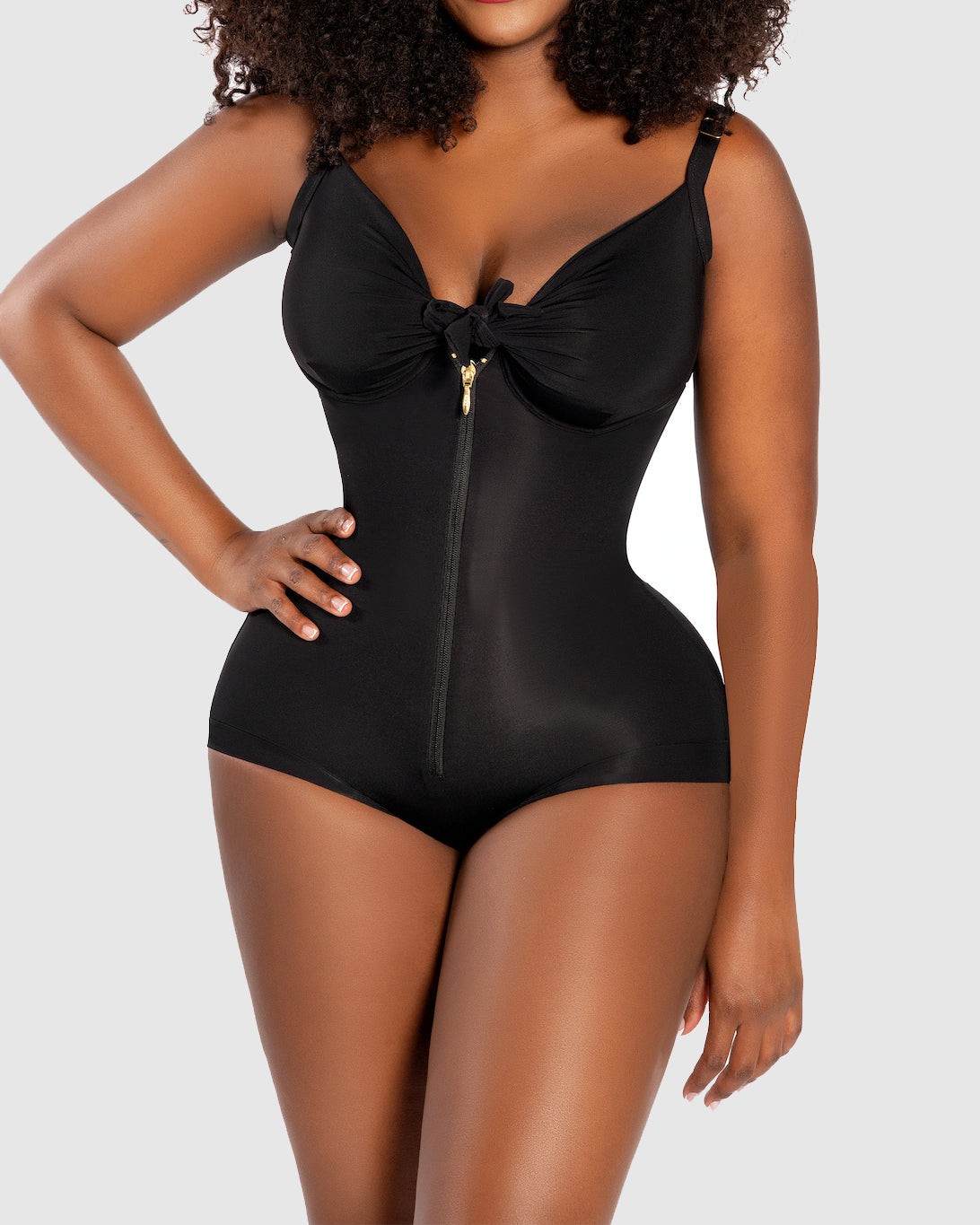 Double Compression Tummy Control Body Shaper Bodysuit with Zipper and Internal Hooks
