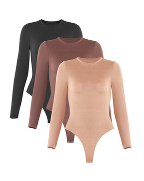 Women's Crew Neck Double Lined Long Sleeve Basic Stretchy Thong Bodysuit