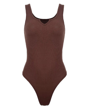 Solid Notched Neck Ribbed Sleeveless One Piece Bodysuit Shapewear