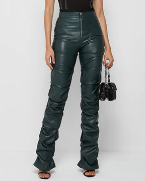 PU Leather Personalized Pleated Flared Pants