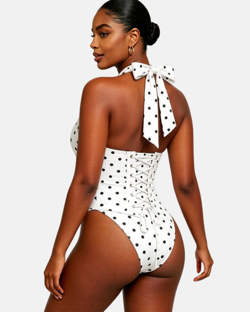 Polka Dot Halter Corset One-Piece Swimsuit