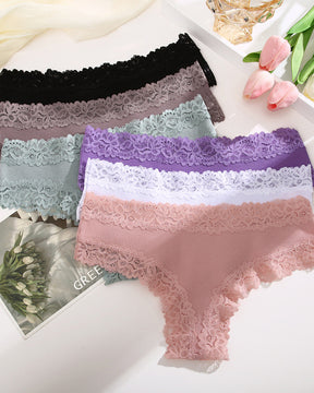 Sexy Mid-Rise Ribbed Cotton Panties Lace Stitching Comfy Lingerie