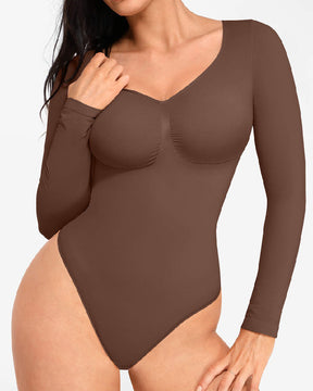 Seamless Long Sleeve Chest Support Diamond Collar Tummy Control Thong Bodysuit