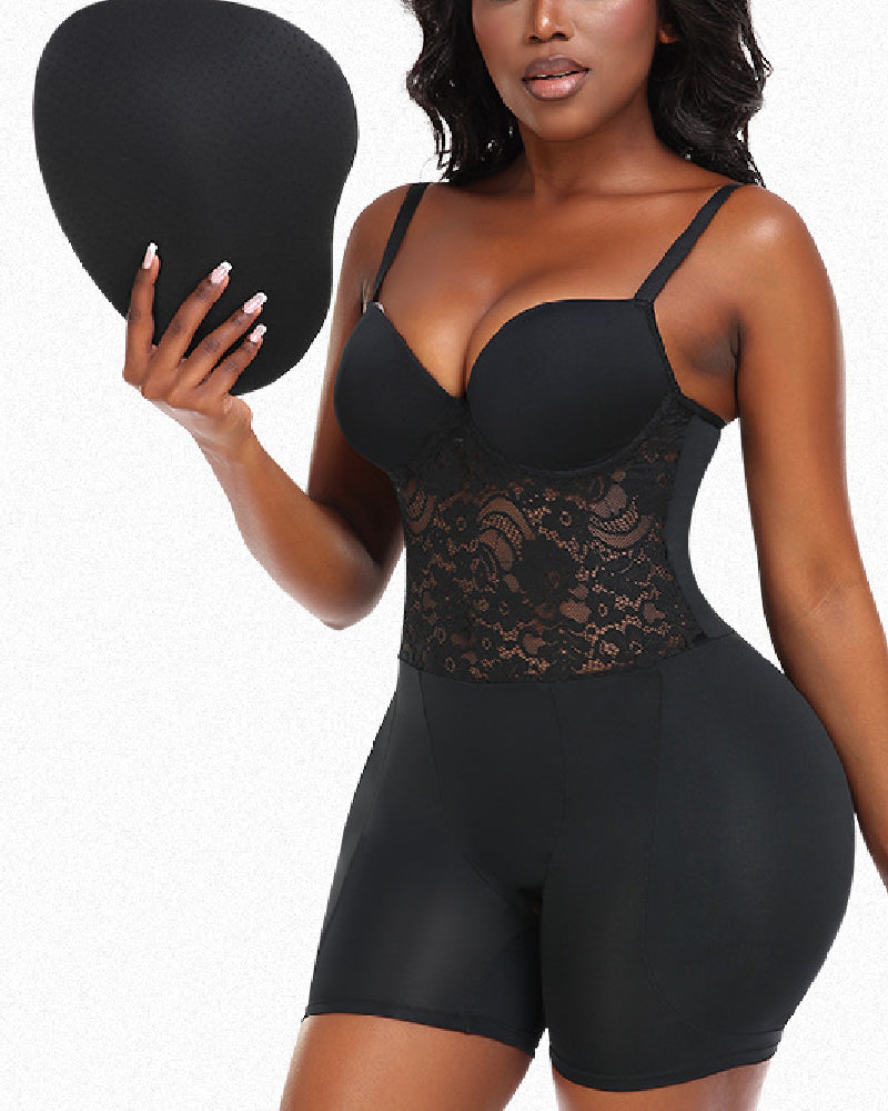 Backless Underwire Cup Lace Tummy Open Crotch Shapewear With Detachable Butt Pads