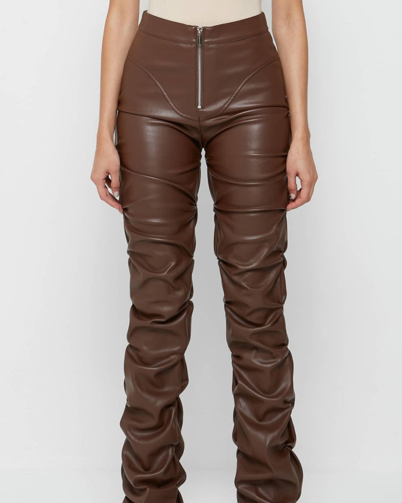 PU Leather Personalized Pleated Flared Pants